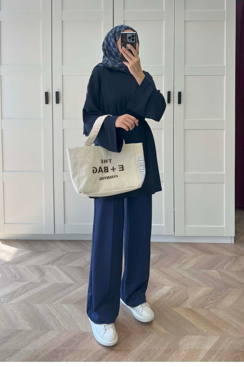 Sare Fashion Crew Neck Belted Oysh Sweat Navy Blue Sare Fashion Crew Neck Belted Oysh Sweat Navy Blue