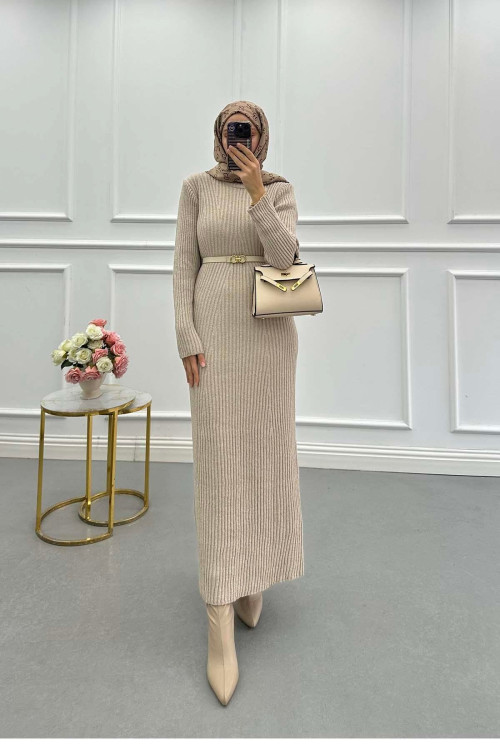 Sare Fashion Crew Neck Knit Dress Stone