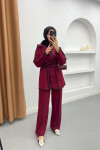 Piping Detailed Tied Jacket Set Claret Red