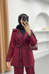 Piping Detailed Tied Jacket Set Claret Red
