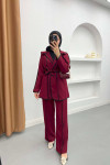 Piping Detailed Tied Jacket Set Claret Red