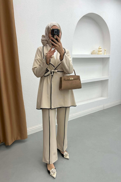 Piping Detailed Tied Jacket Set Cream