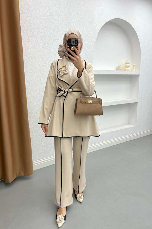 Piping Detailed Tied Jacket Set Cream