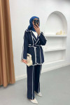 Piping Detailed Tied Jacket Set Navy Blue