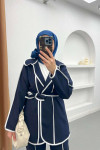 Piping Detailed Tied Jacket Set Navy Blue