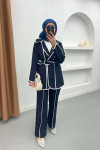 Piping Detailed Tied Jacket Set Navy Blue