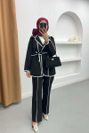 Piping Detailed Tied Jacket Set Black