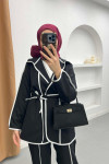 Piping Detailed Tied Jacket Set Black
