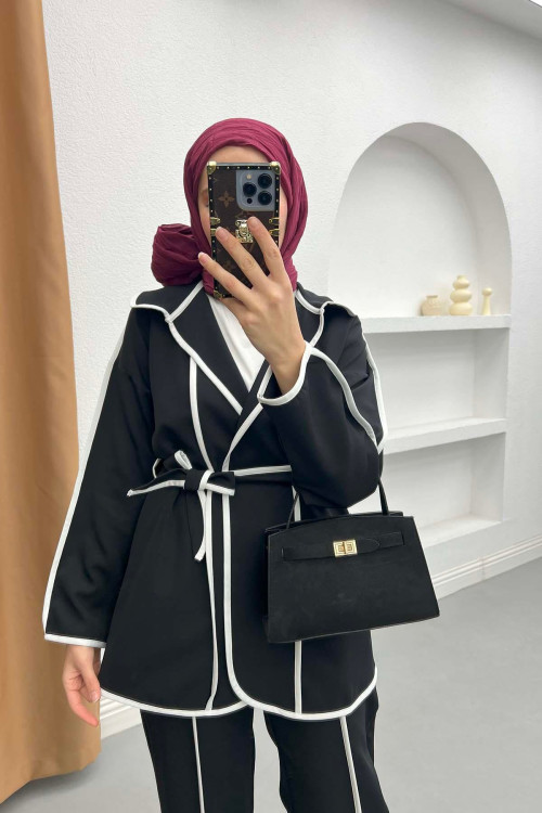Piping Detailed Tied Jacket Set Black
