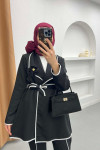 Piping Detailed Tied Jacket Set Black