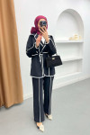 Piping Detailed Tied Jacket Set Black