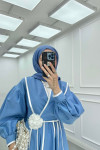 Sare Fashion Floral Belted Dress with Piping Blue