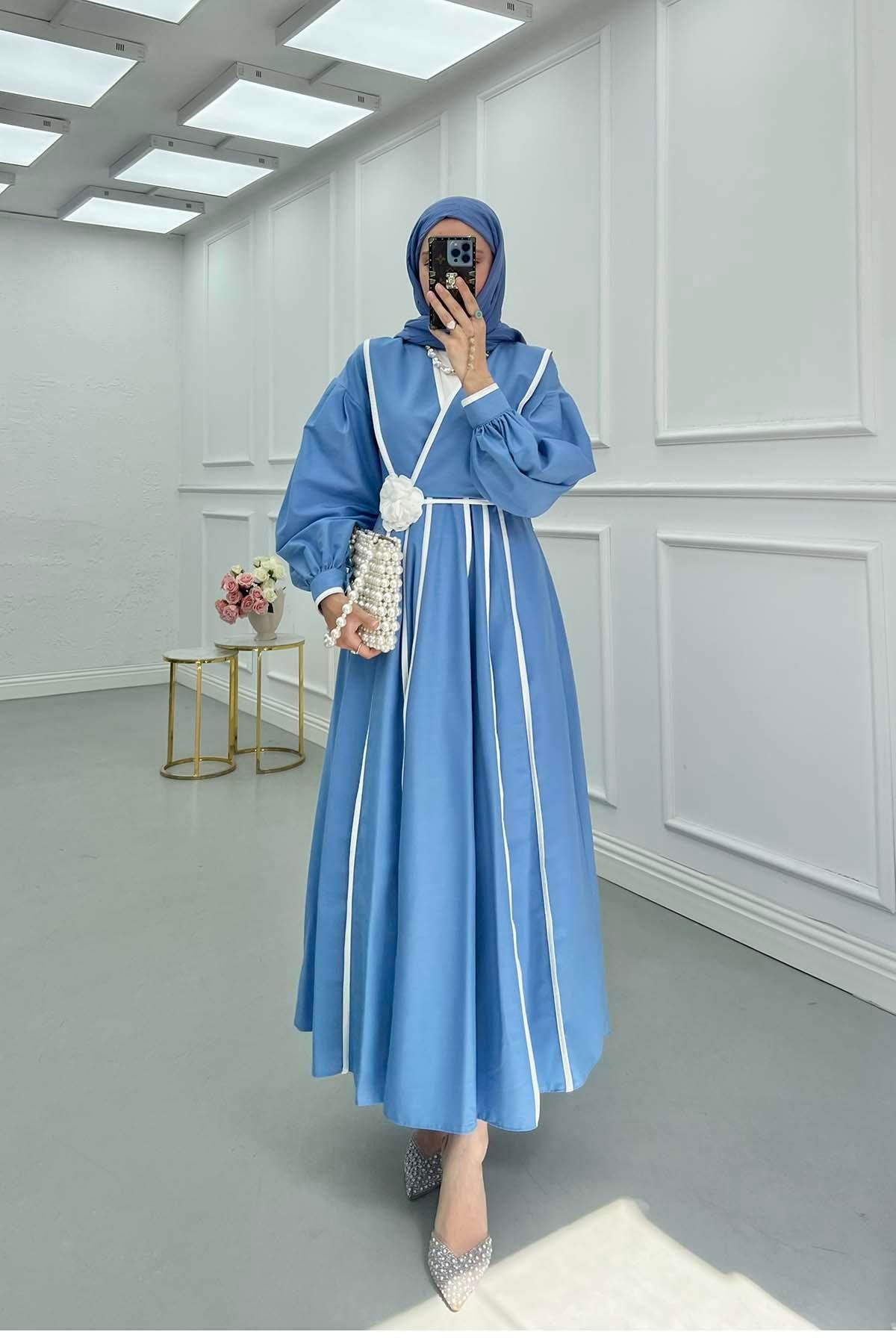 Sare Fashion Floral Belted Dress with Piping Blue