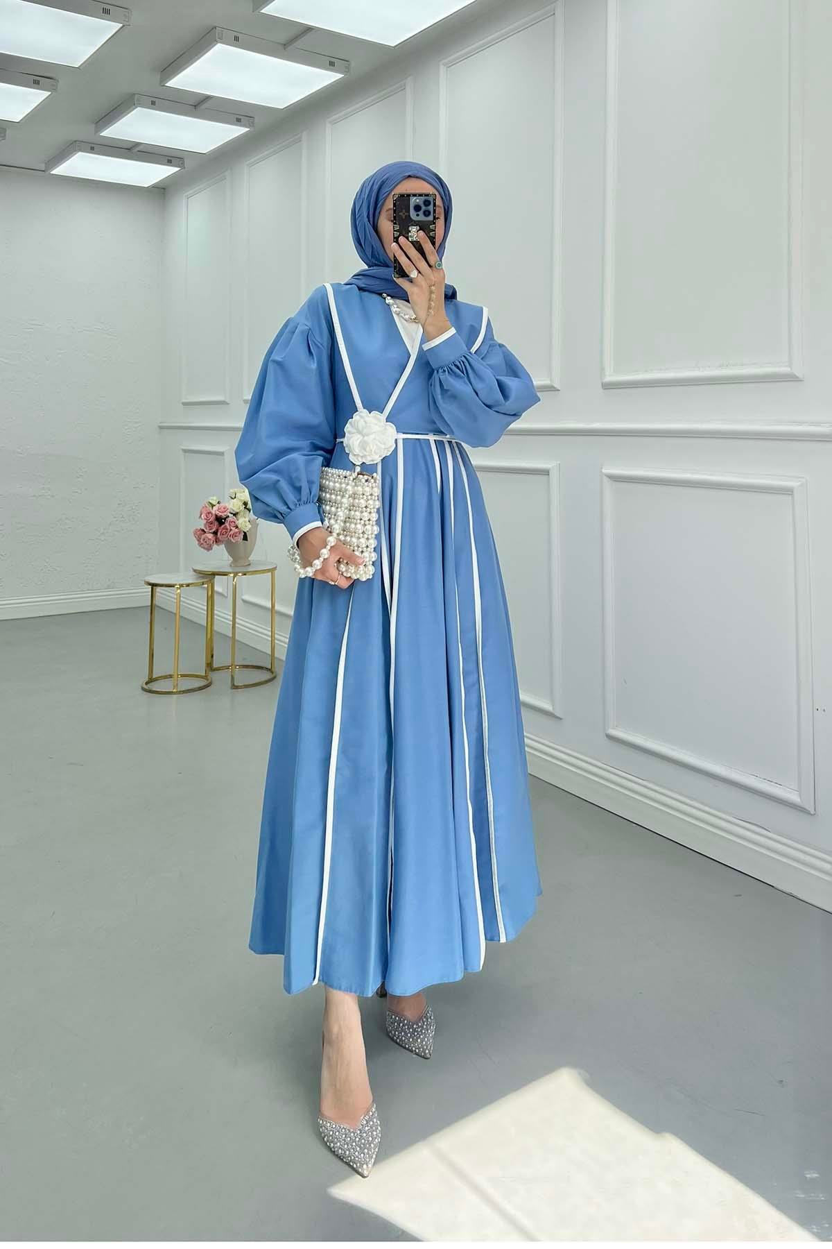 Sare Fashion Floral Belted Dress with Piping Blue