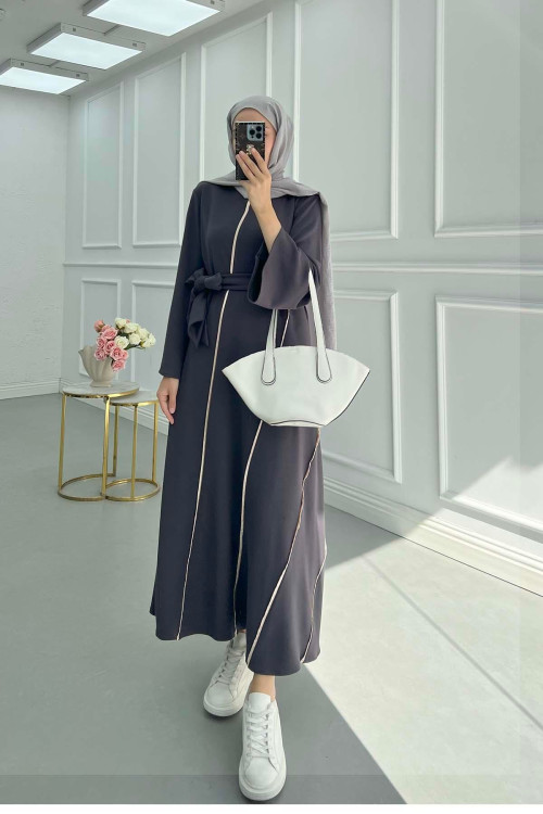 Sare Fashion Oysh Belted Dress with Piping Anthracite