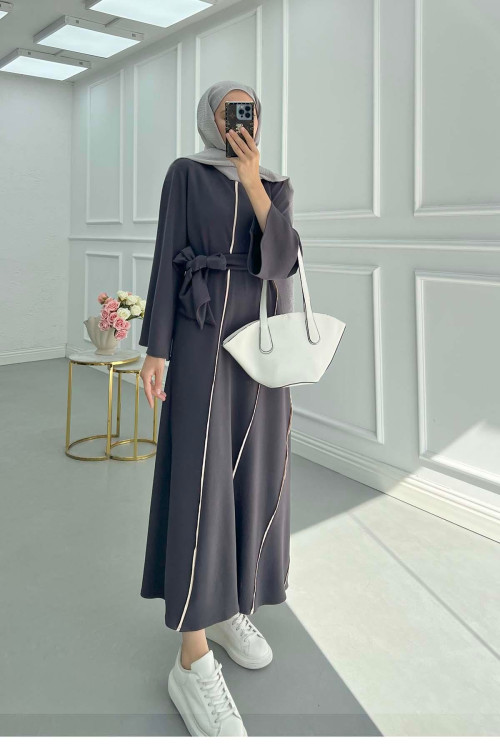 Sare Fashion Oysh Belted Dress with Piping Anthracite