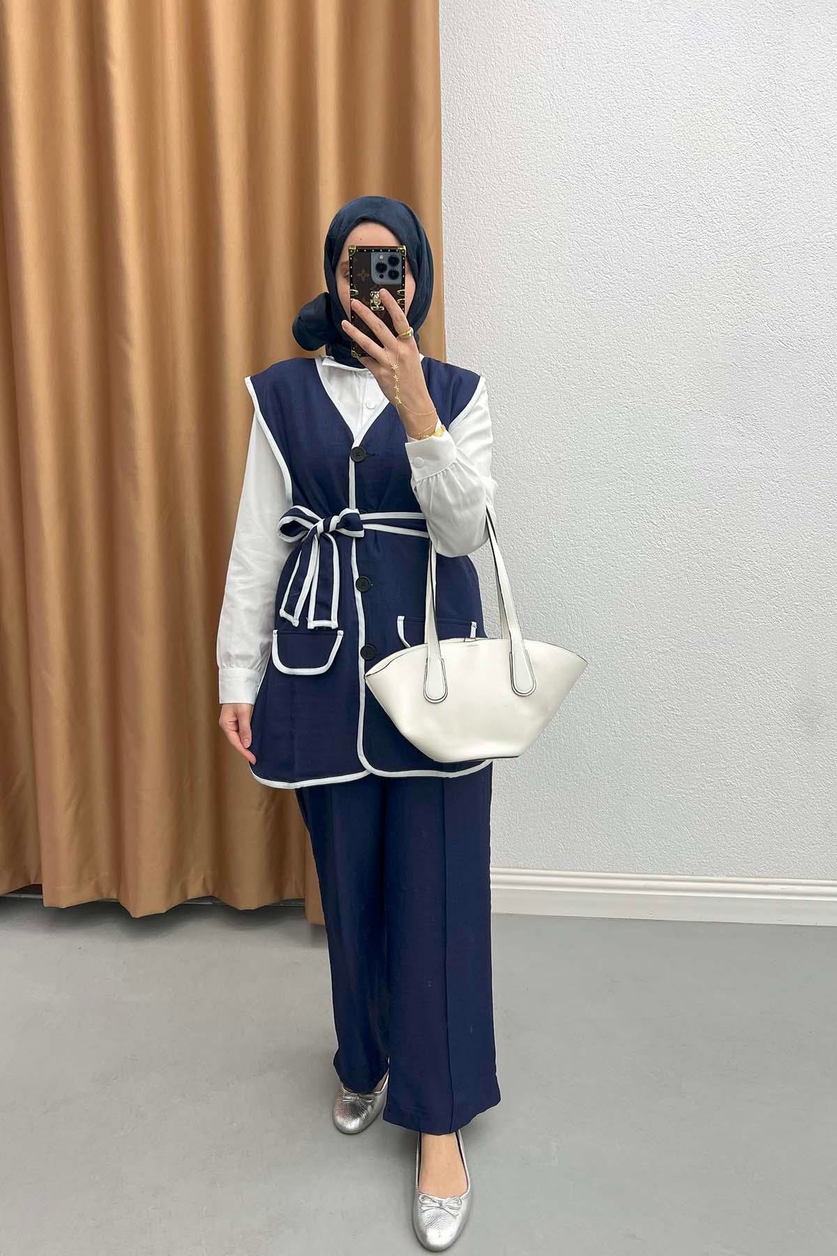 Piping Belted Suit Navy Blue