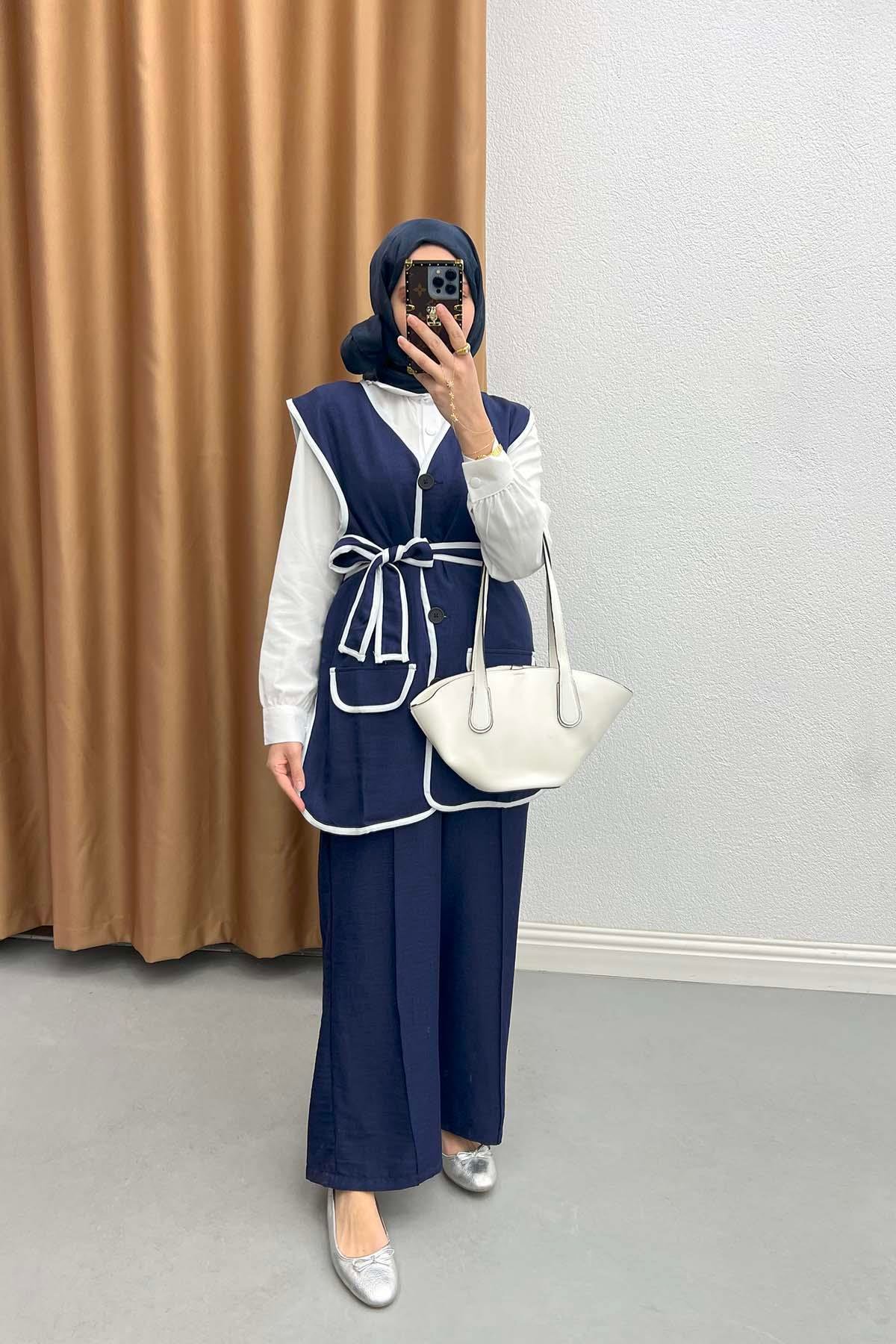Piping Belted Suit Navy Blue
