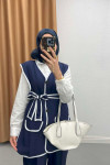 Piping Belted Suit Navy Blue