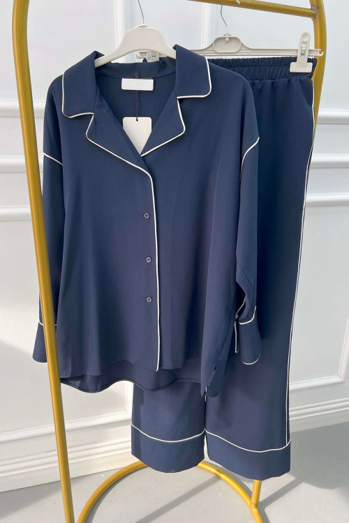Piped Trouser Suit Navy Blue