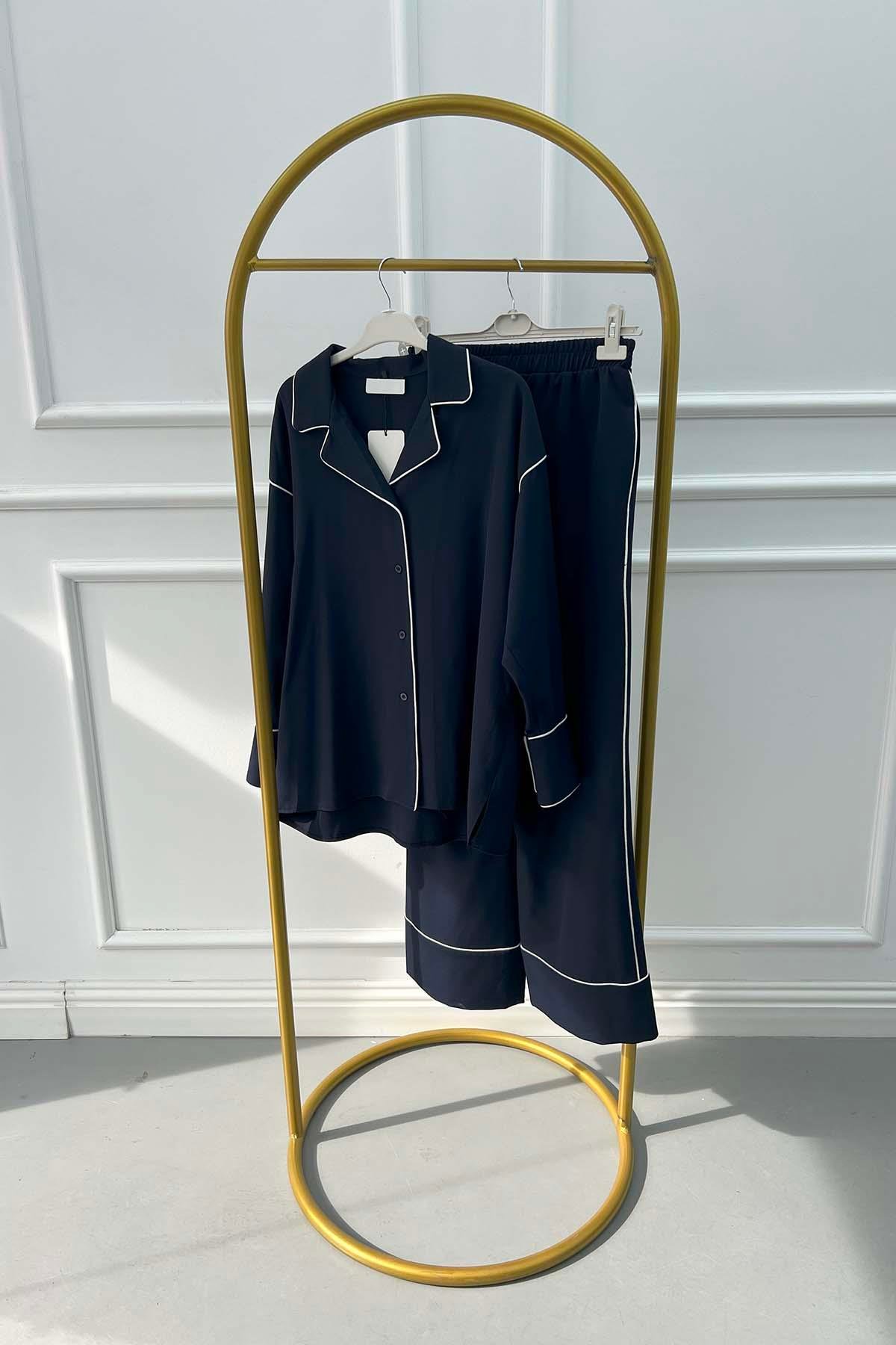 Piped Trouser Suit Navy Blue
