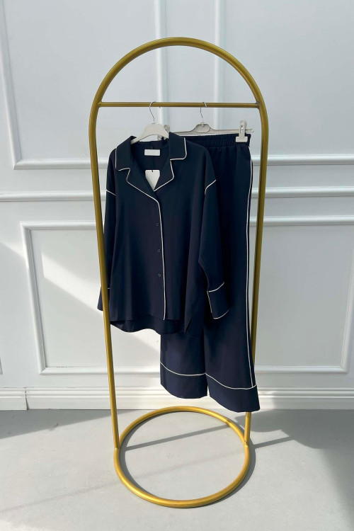 Piped Trouser Suit Navy Blue