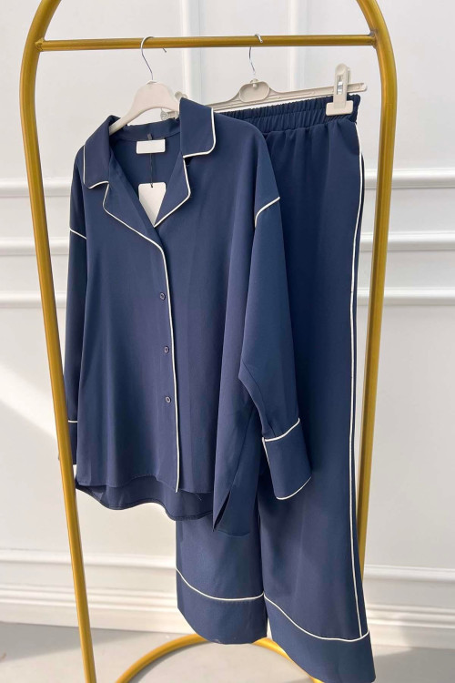 Piped Trouser Suit Navy Blue