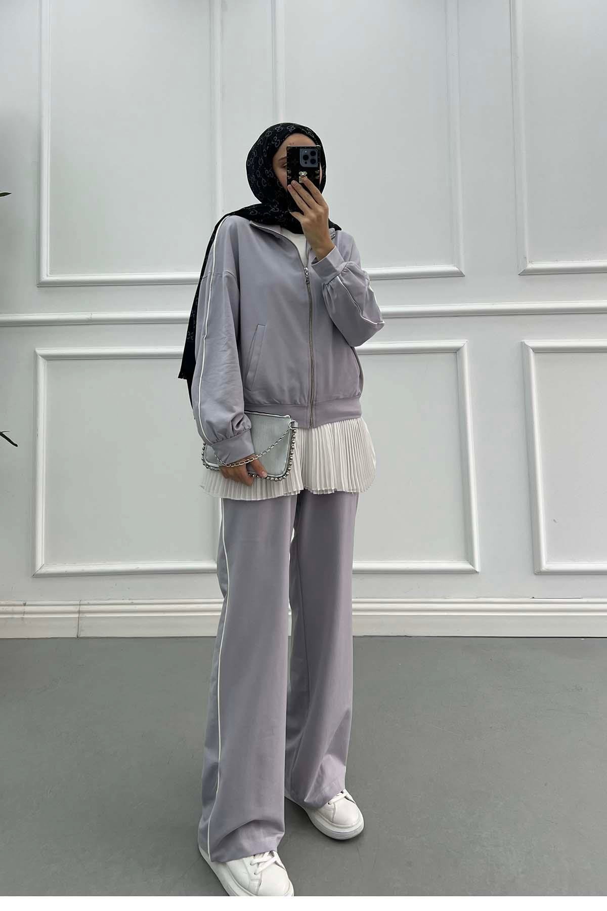 Sare Fashion Piping Sports Zippered Suit Gray Sare Fashion Piping Sports Zippered Suit Gray