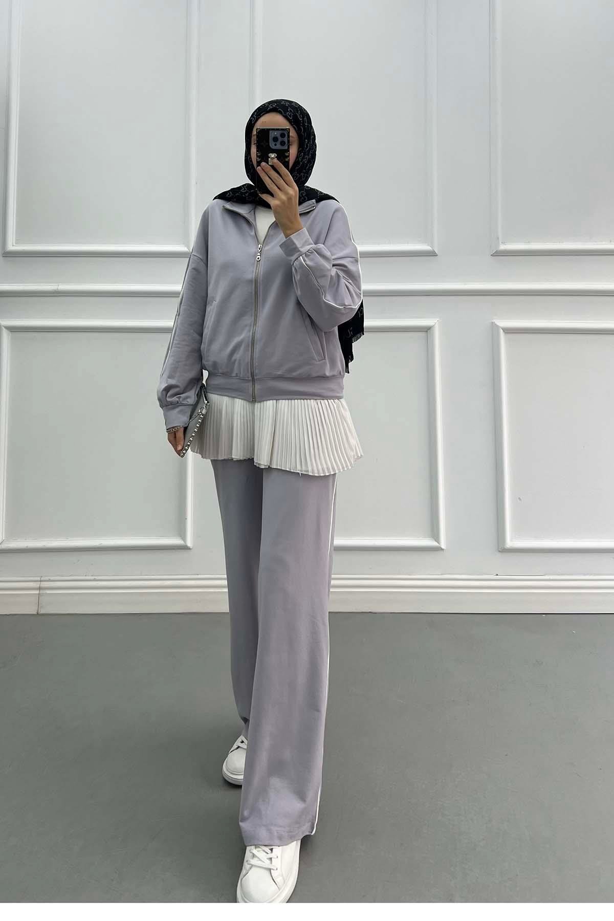 Sare Fashion Piping Sports Zippered Suit Gray Sare Fashion Piping Sports Zippered Suit Gray