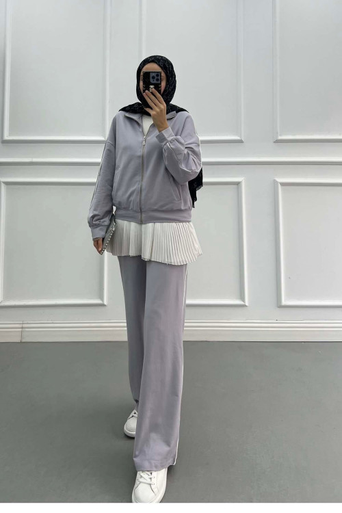 Sare Fashion Piping Sports Zippered Suit Gray Sare Fashion Piping Sports Zippered Suit Gray