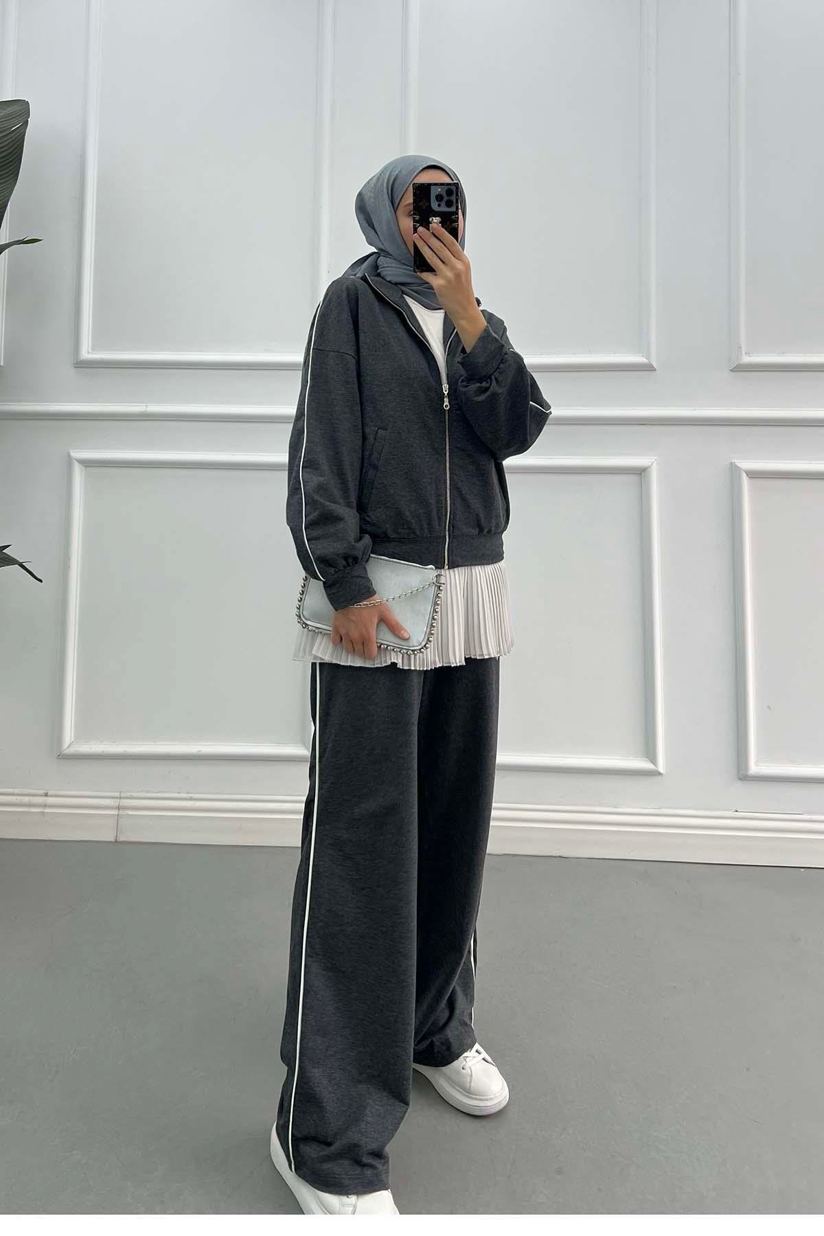 Sare Fashion Piping Sports Zippered Suit Dark-Gray Sare Fashion Piping Sports Zippered Suit Dark-Gray