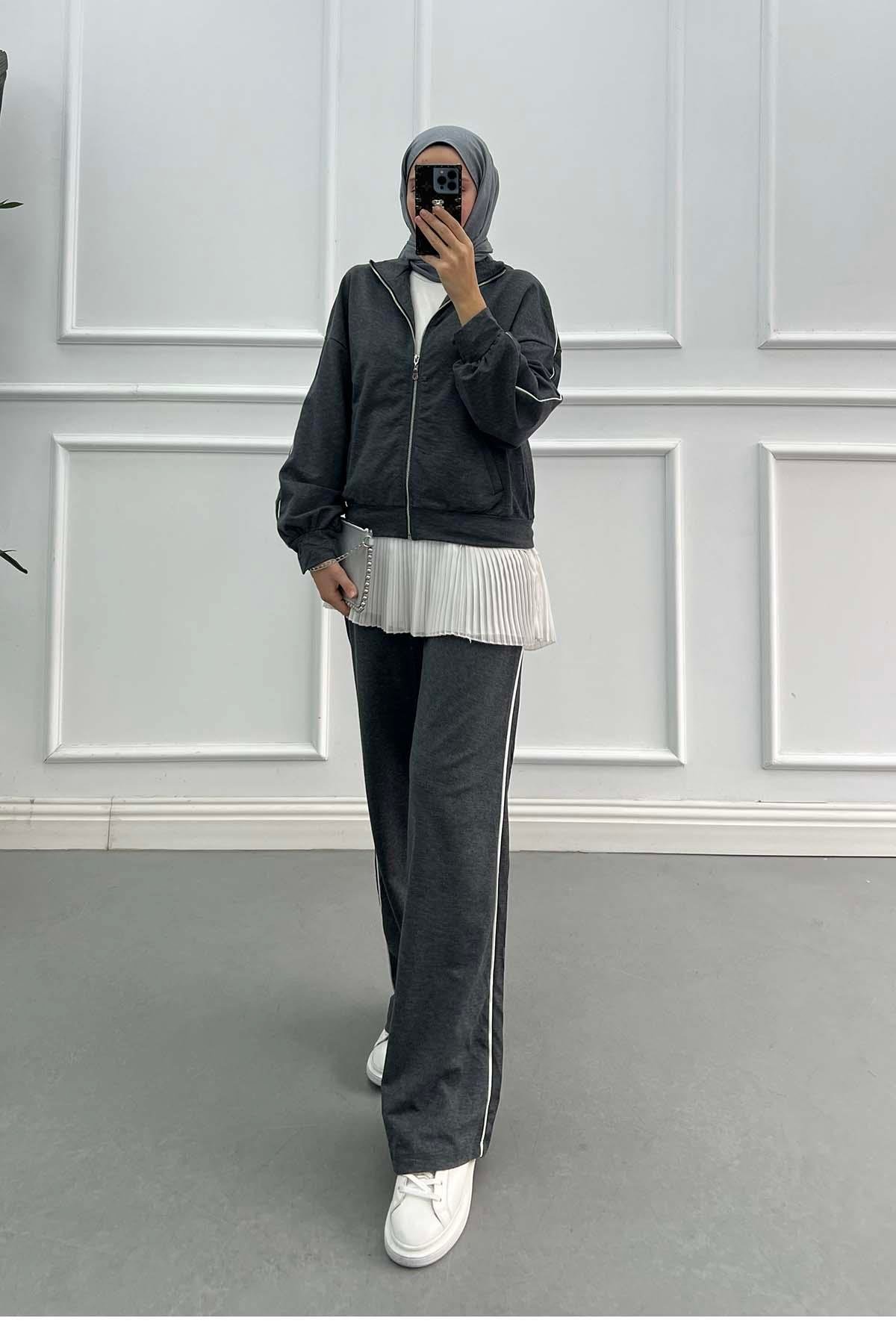 Sare Fashion Piping Sports Zippered Suit Dark-Gray Sare Fashion Piping Sports Zippered Suit Dark-Gray