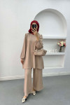Wide Leg Crinkle Suit Beige