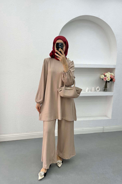 Wide Leg Crinkle Suit Beige