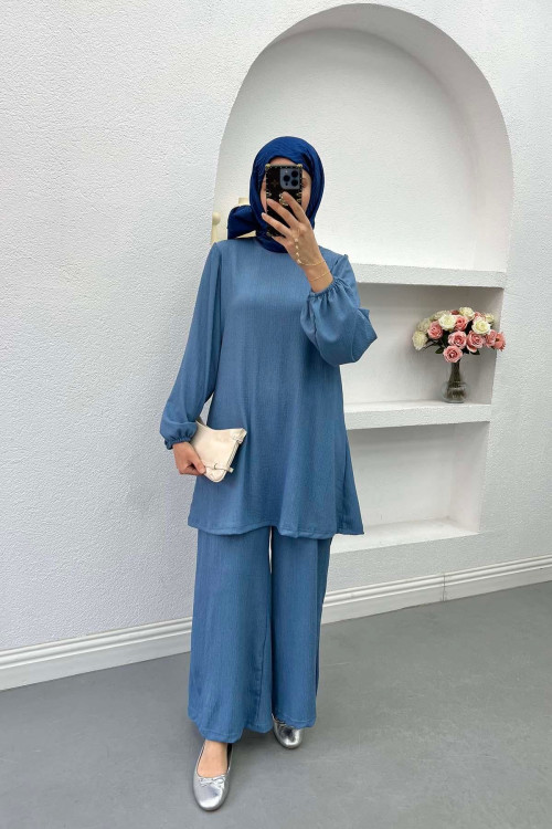 Wide Leg Crinkle Suit Indigo