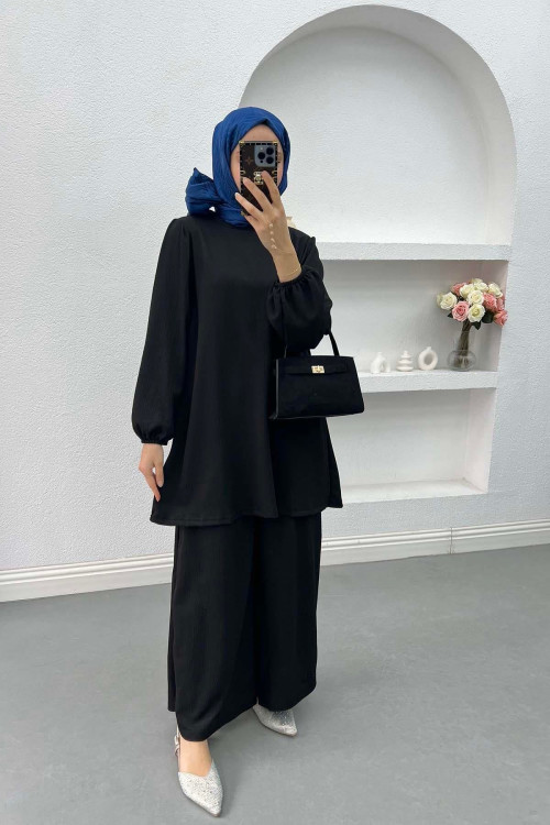 Wide Leg Plaid Suit Black
