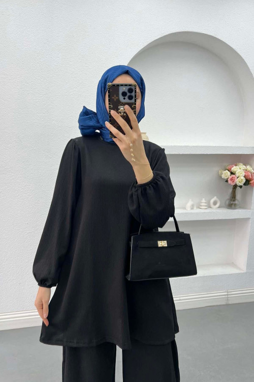 Wide Leg Plaid Suit Black