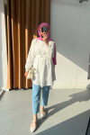 Sare Fashion Pleated Neck Belted Cutaway Tunic White