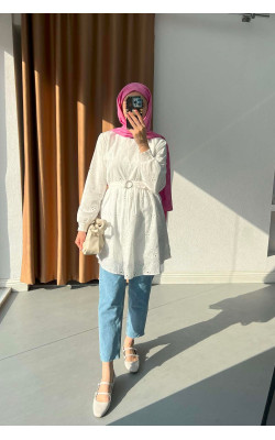 Sare Fashion Pleated Neck Belted Cutaway Tunic White
