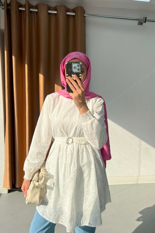Sare Fashion Pleated Neck Belted Cutaway Tunic White