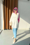 Sare Fashion Pleated Neck Belted Cutaway Tunic White
