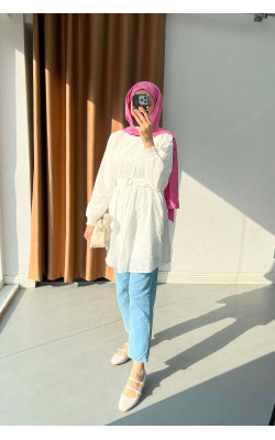 Sare Fashion Pleated Neck Belted Cutaway Tunic White