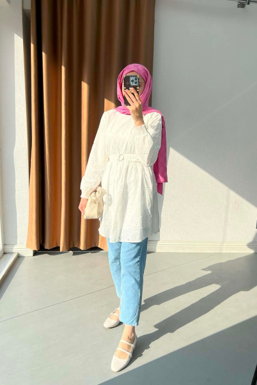 Sare Fashion Pleated Neck Belted Cutaway Tunic White