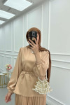 Sare Fashion Pleated Skirt Set with Stone Neck Beige