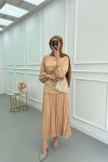 Sare Fashion Pleated Skirt Set with Stone Neck Beige