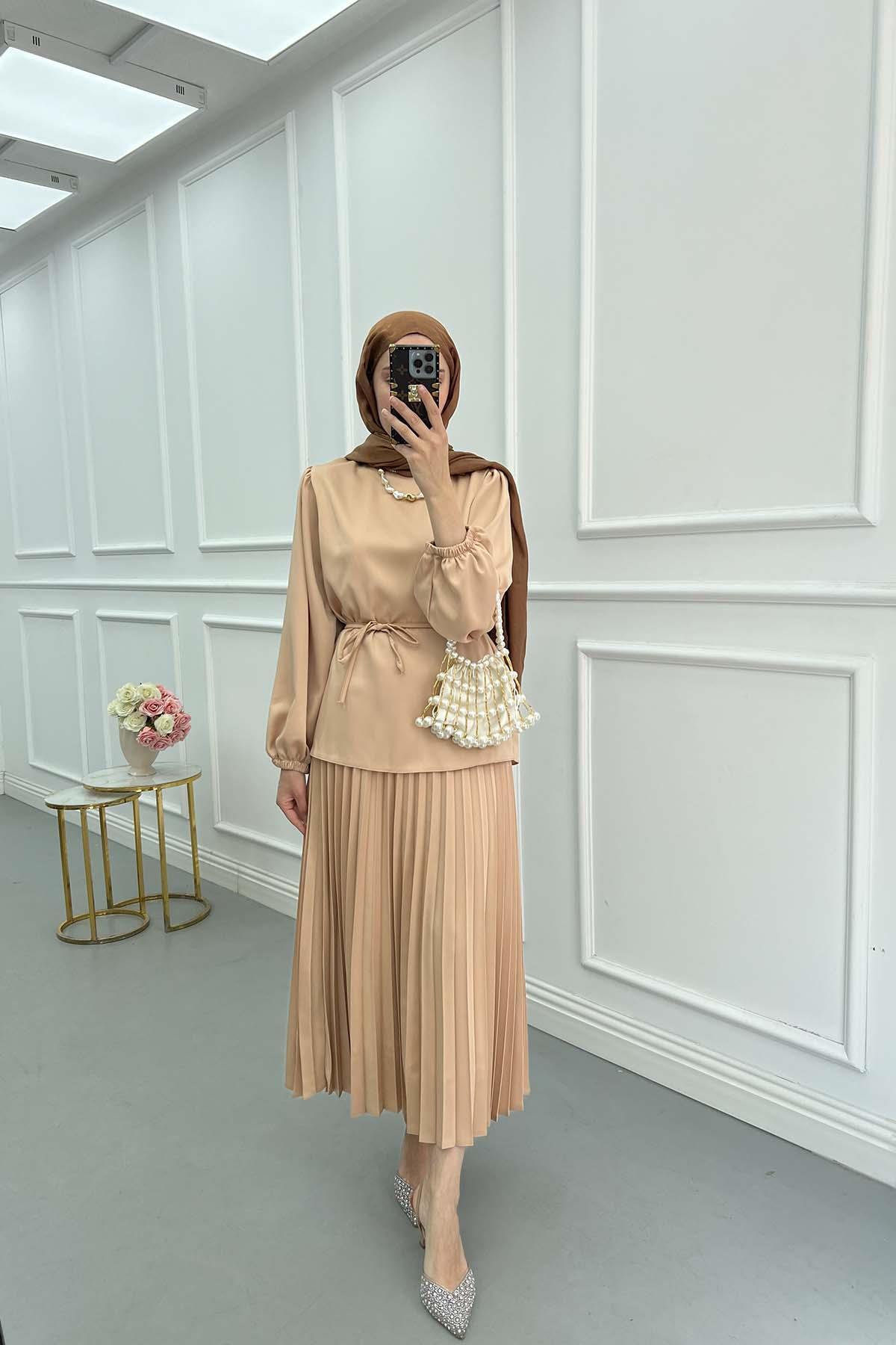 Sare Fashion Pleated Skirt Set with Stone Neck Beige