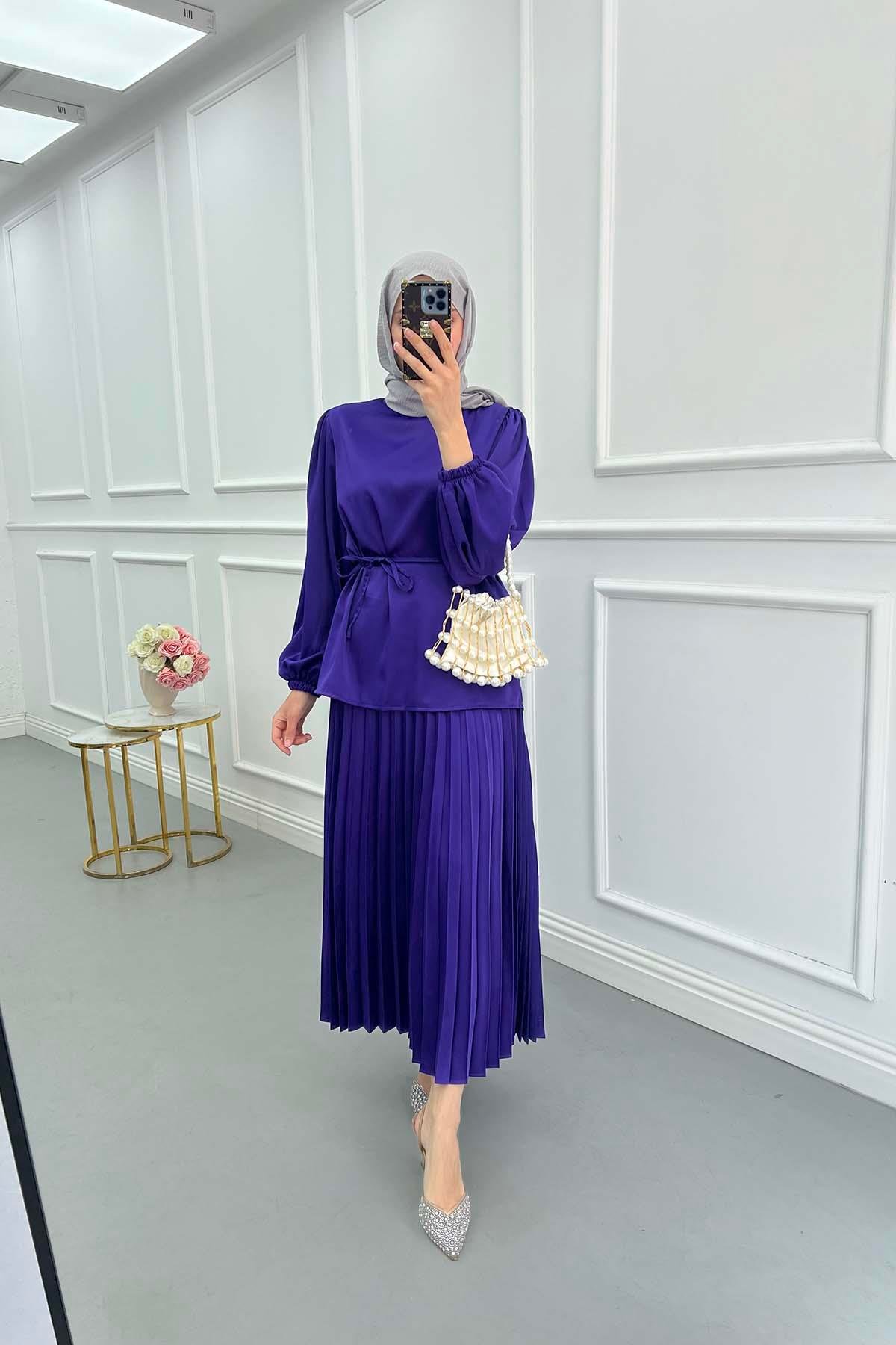 Sare Fashion Pleated Skirt Set with Stone Neck Purple