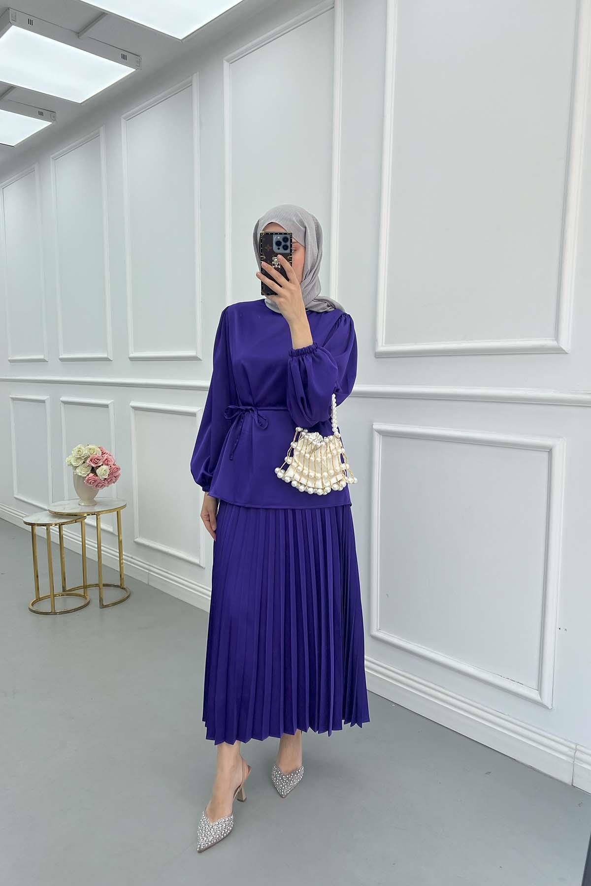 Sare Fashion Pleated Skirt Set with Stone Neck Purple