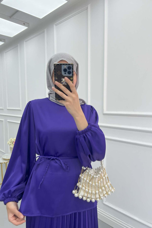 Sare Fashion Pleated Skirt Set with Stone Neck Purple