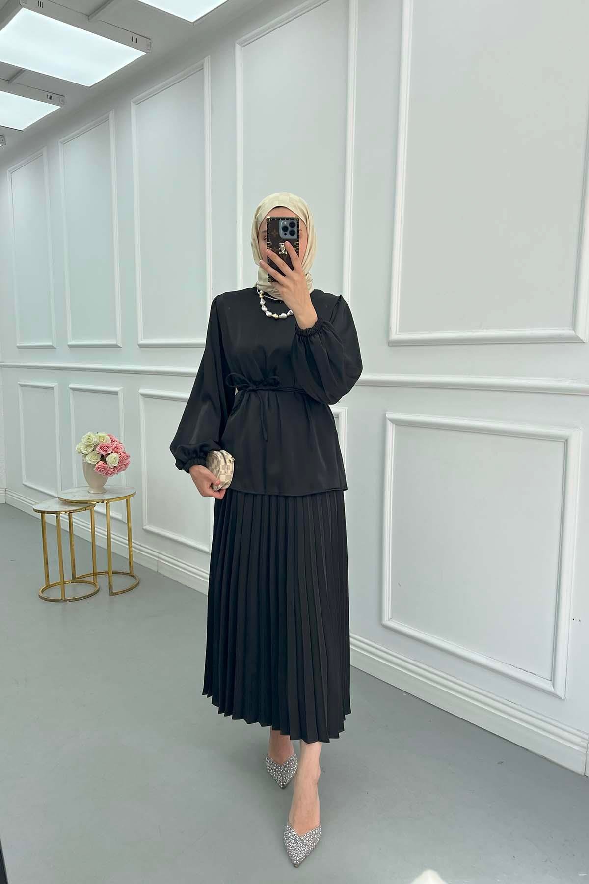 Sare Fashion Pleated Skirt Set with Stone Neck Black